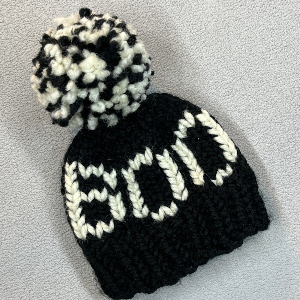 Kids Halloween Boo Chunky Knit Beanie Black White Pom Pom Winter Hat